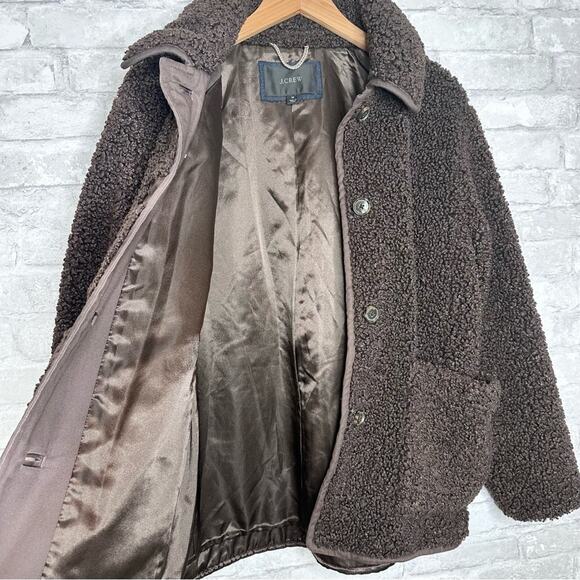 J. Crew Teddy Sherpa Coat Size Medium Chocolate Brown Button Front Collared - Picture 6 of 12